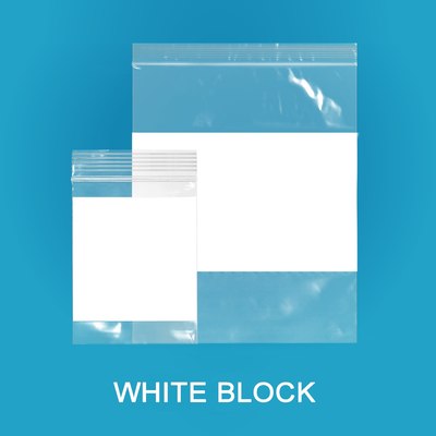 Combo Pack  8:<b>4 mil  White Block</b> Reclosable Bags. Contains 200 bags of each of the following: 2 x 3, 3 x 4, 4 x 6, 6 x 9, 8 x 10