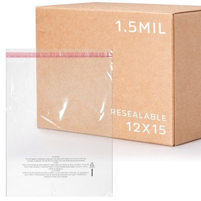 12 x 15, 1.5 Mil Lip & Tape Resealable Poly Bag with Suffocation Warning