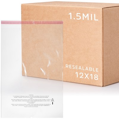 12 x 18, 1.5 Mil Lip & Tape Resealable Poly Bag with Suffocation Warning