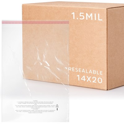 14 X 20, 1.5 Mil Lip & Tape Resealable Poly Bag with Suffocation Warning