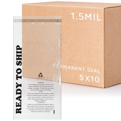 5 X 10, 1.5 Mil Lip & Permanent Tape Poly Bag, Printed with Suffocation Warning & Ready To Ship