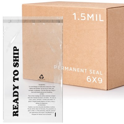 6 X 9, 1.5 Mil Lip & Permanent Tape Poly Bag, Printed with Suffocation Warning & Ready To Ship