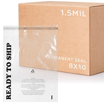 8 X 10, 1.5 Mil Lip & Permanent Tape Poly Bag, Printed with Suffocation Warning & Ready To Ship