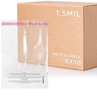 8 X 10, 1.5 Mil Lip & Tape Resealable Poly Bag with Suffocation Warning