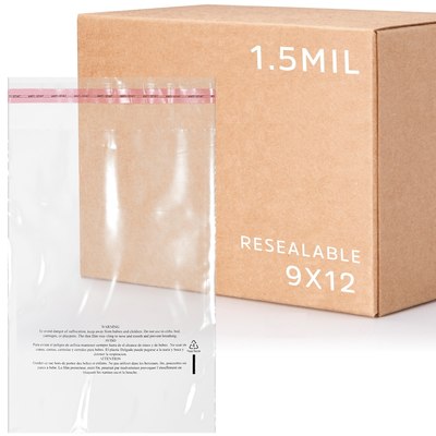 9 X 12, 1.5 Mil Lip & Tape Resealable Poly Bag with Suffocation Warning